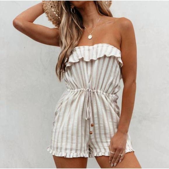 HEM & THREAD Pants - NEW HEM & THREAD striped tube romper in ivory